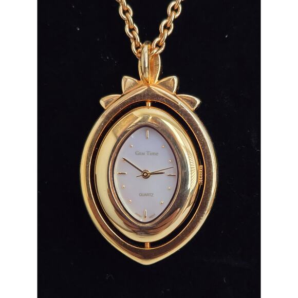 Vintage Gem Time Gold Tone Watch Pendant Necklace w/Mother of Pearl Asian Theme - Picture 1 of 8